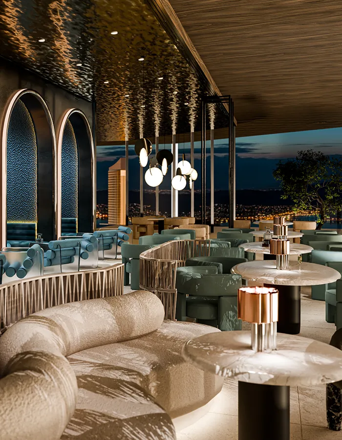 Sky lounge with city skyline