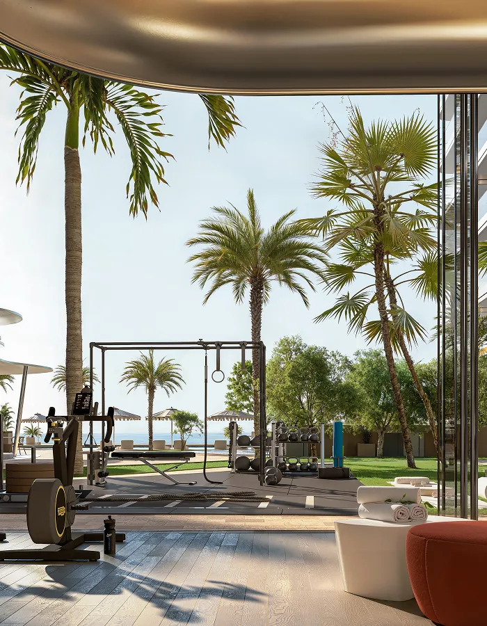 Outdoor gym with palm trees and sea view